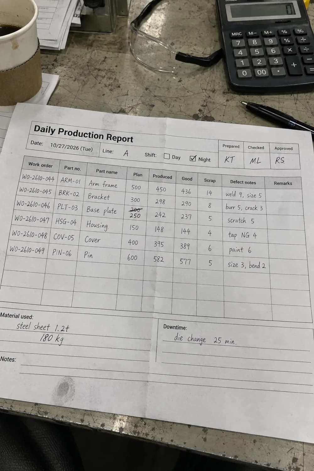 Handwritten daily production report on a factory office desk: Oct 27, Line A, night shift, six work orders. WO-2610-044, ARM-01 arm frame: plan 500, produced 450, good 436, scrap 14 (weld 9, size 5). Material: steel sheet 1.2t, 180 kg. Downtime: die change 25 min.